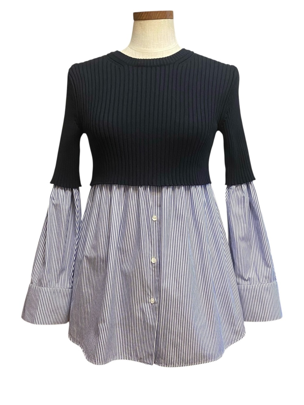 KENZO Paris Mixed Ribbed Knit And Cotton Poplin Shirt Sweater Minimalist Preppy - Picture 16 of 16